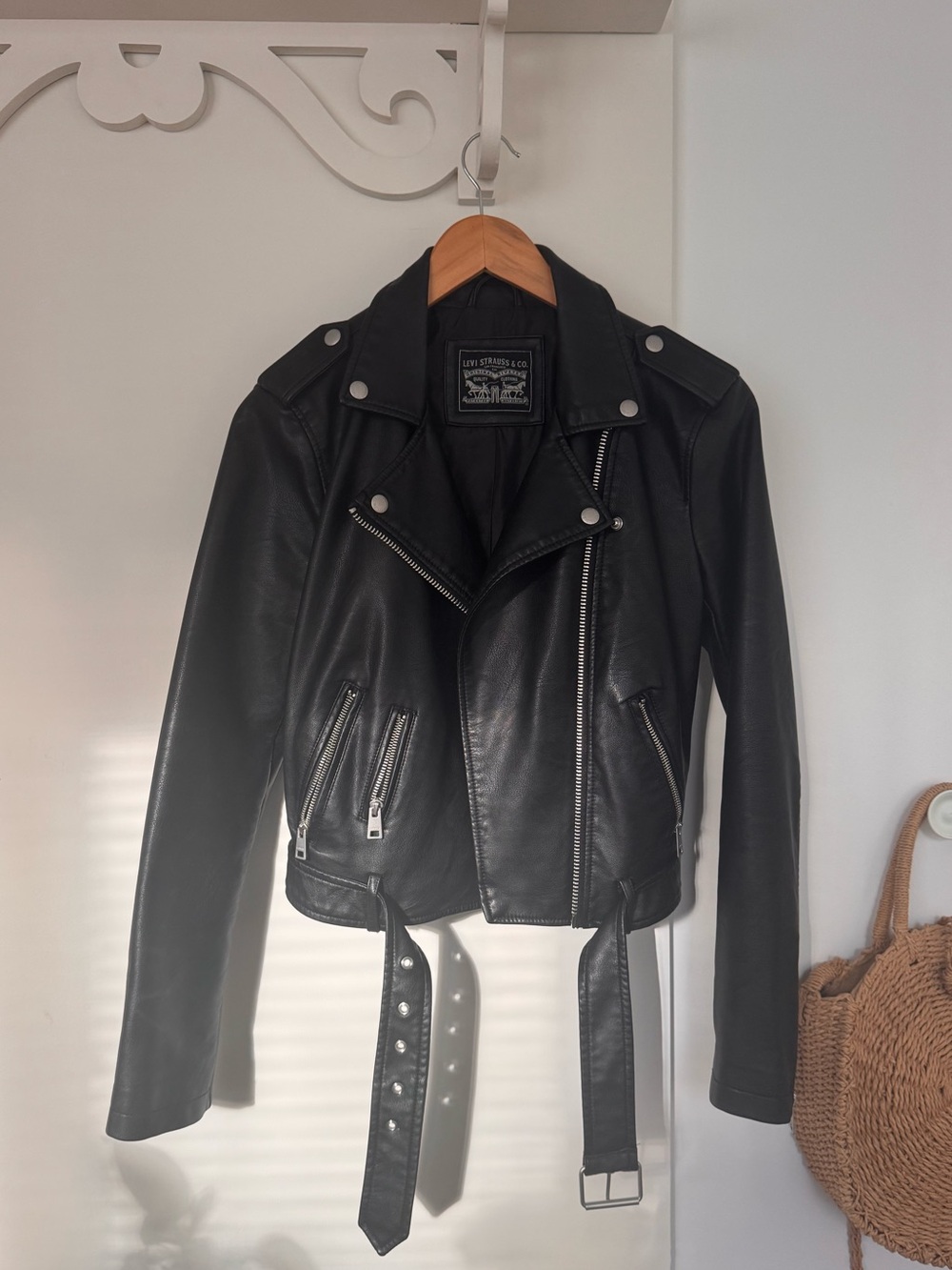 Levi's Black Leather Biker Jacket with Belt